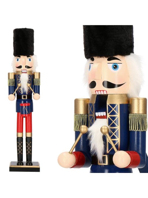 Diótorő katona dobbal, karácsonyi dekoráció, 61 cm, fa, tengerészkék