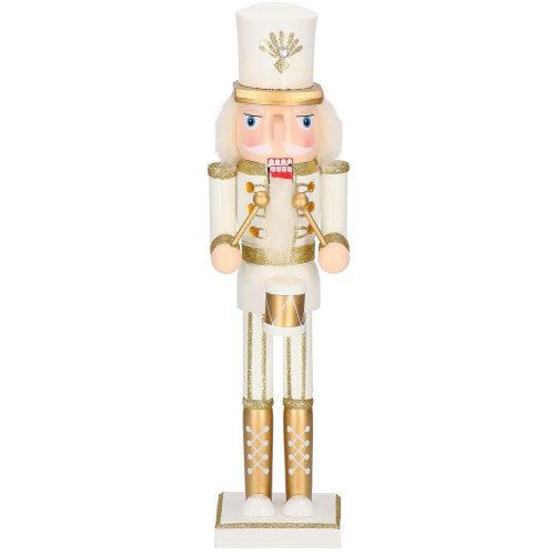 38 cm-es diótörő karácsonyi figura dobbal, fehér/arany