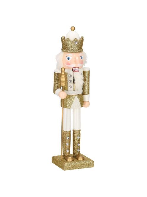 Diótörő katona jogarral, 38 cm, fa, fehér-arany diótörő
