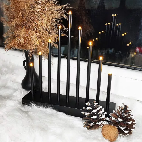 9 LED-es dekoratív adventi gyertyatartó, fekete, meleg fehér
