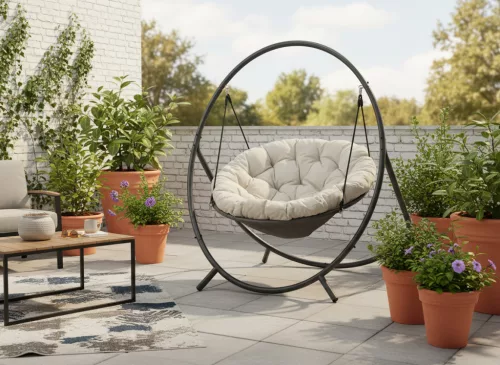 Patio Függő Fotel – Világos Bézs Párna, Szürke Keret 115,5×140×167,5 cm
