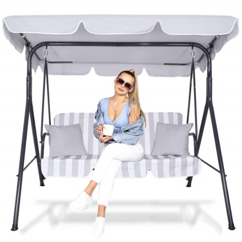 Kerti hintaágy „Luna” valódi 3 személyes, 170x110 cm, szürke csíkos