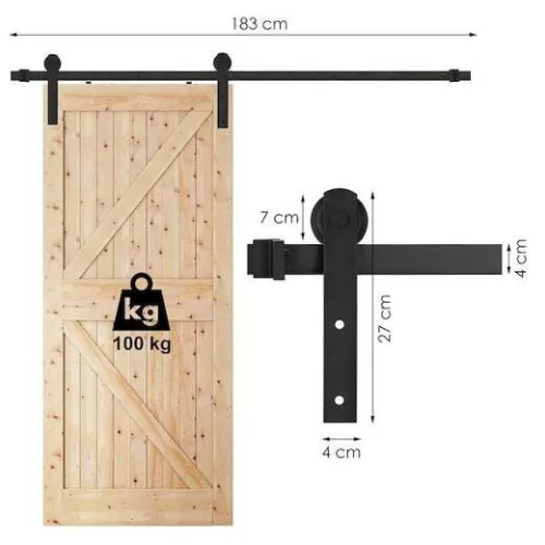 Tolóajtó vasalat rendszer, pajtaajtóhoz acél, fekete, 183cm hosszú sín (max 100kg)