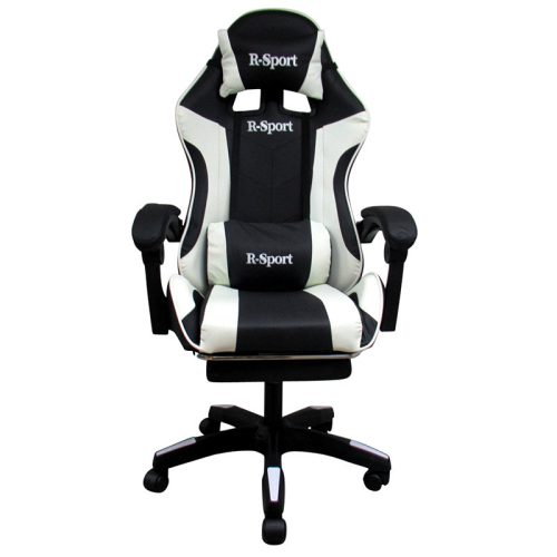 Gamer szék, forgószék masszázs funkcióval, lábtartóval, fekete-fehér
