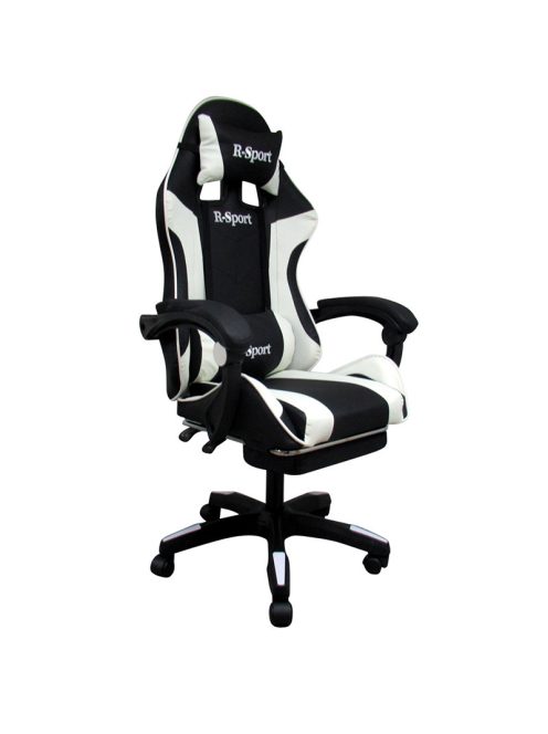 Gamer szék, forgószék masszázs funkcióval, lábtartóval, fekete-fehér