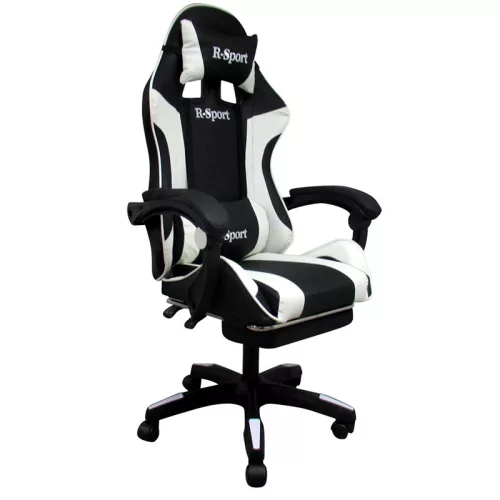Gamer szék, forgószék masszázs funkcióval, lábtartóval, fekete-fehér