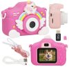 Gyerekkamera, digitális full HD kamera 32GB-os kártyával, rózsaszín, egyszarvú