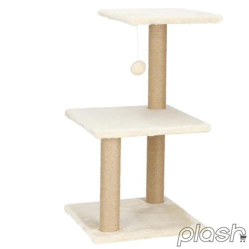 3 szintes macska kaparófa, játékkal, 65 cm, barna-krém