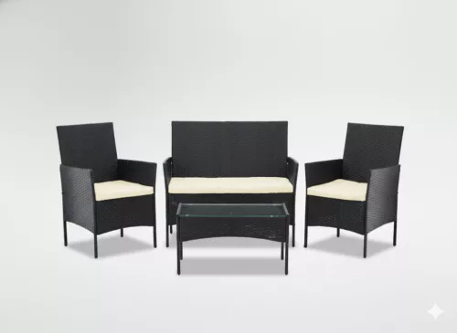 Rattan Bútorkészlet (Kanapé, 2 Fotel, Dohányzóasztal) Fekete + Krém Párna