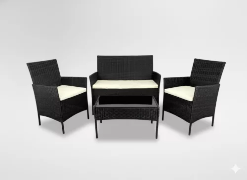 Rattan Bútorkészlet (Kanapé, 2 Fotel, Dohányzóasztal) Fekete + Krém Párna