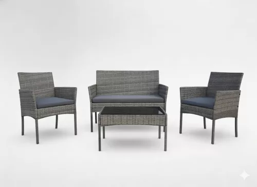 Rattan Bútorkészlet (Kanapé, 2 Fotel, Dohányzóasztal) Szürke